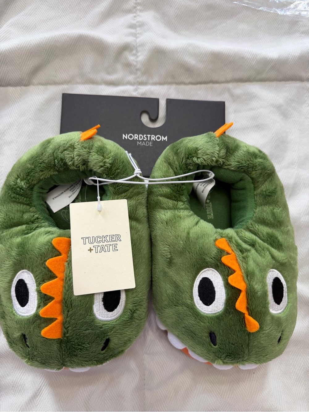 Tucker + Tate Plush Green Dinosaur Slipper Shoes with Orange Spikes